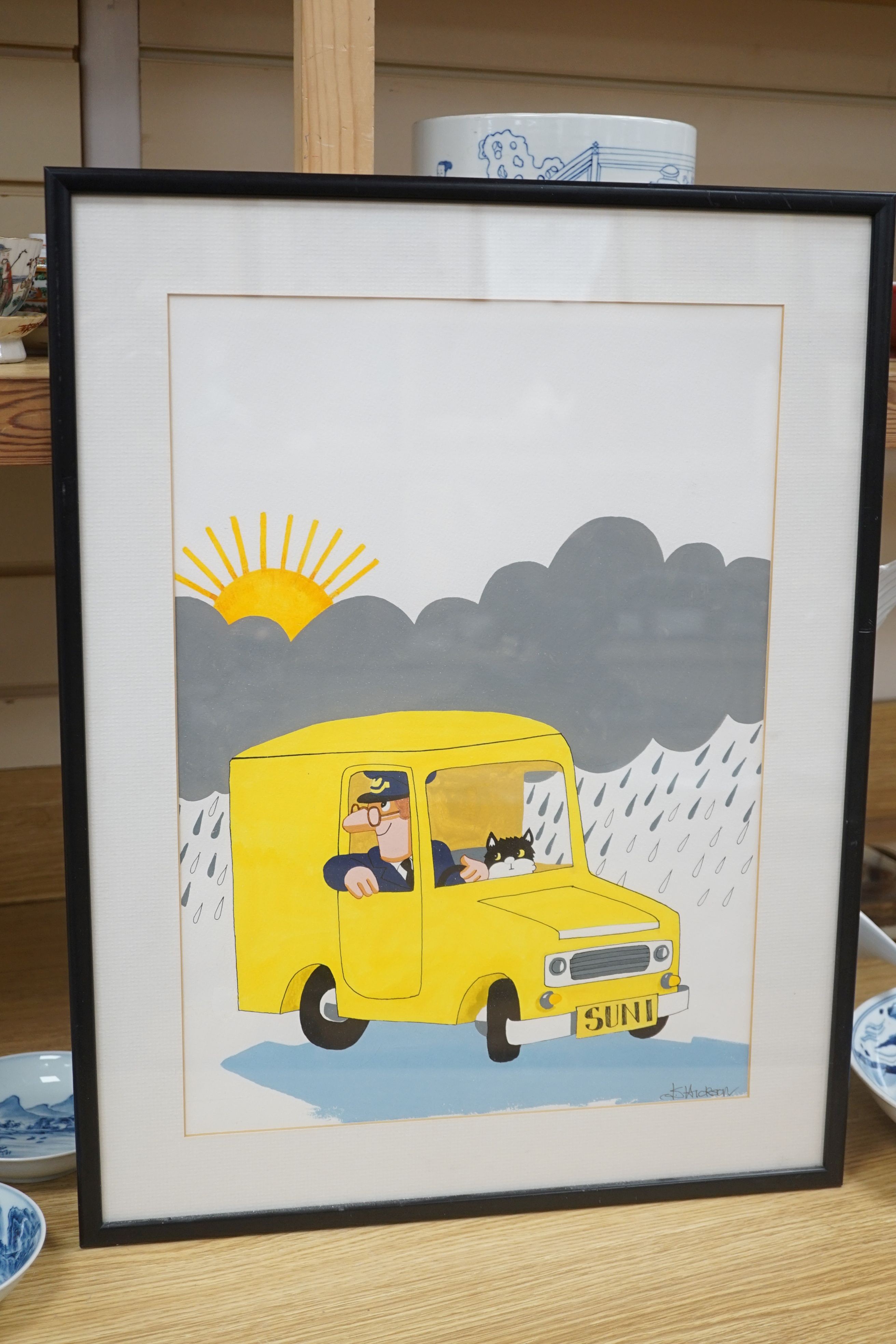Postman Pat, original artwork by Joan Hickson, acrylic and flet pen, 36 x 46cm
